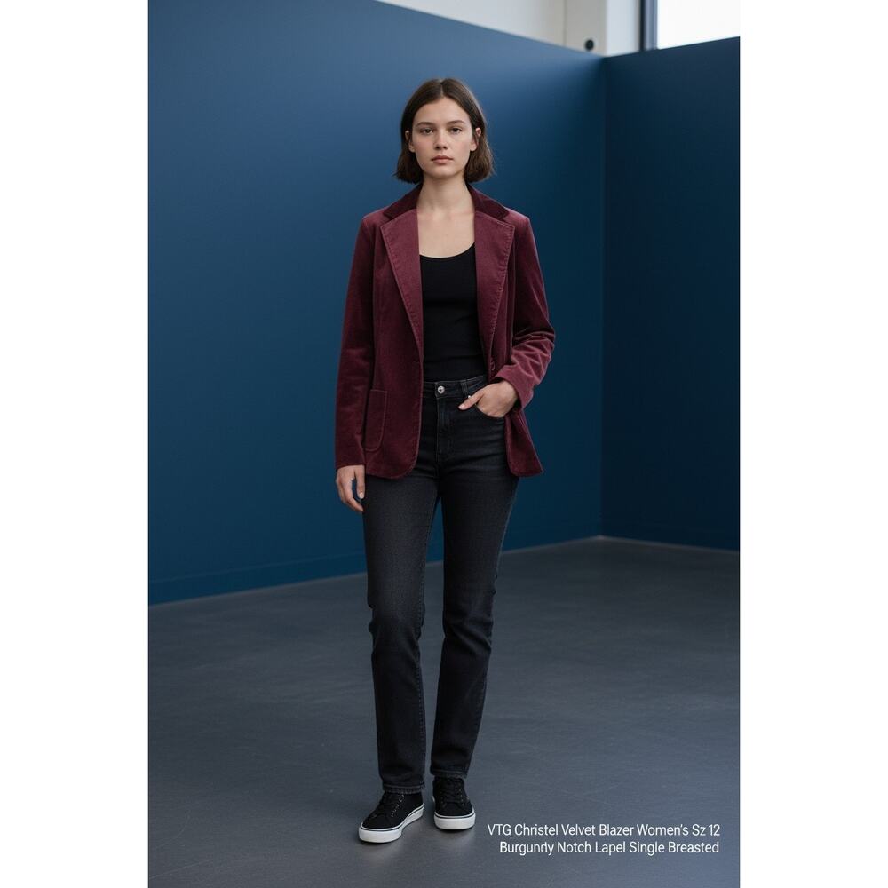 VTG Christel Velvet Blazer Women’s Sz 12 Burgundy Notch Lapel Single Breasted
